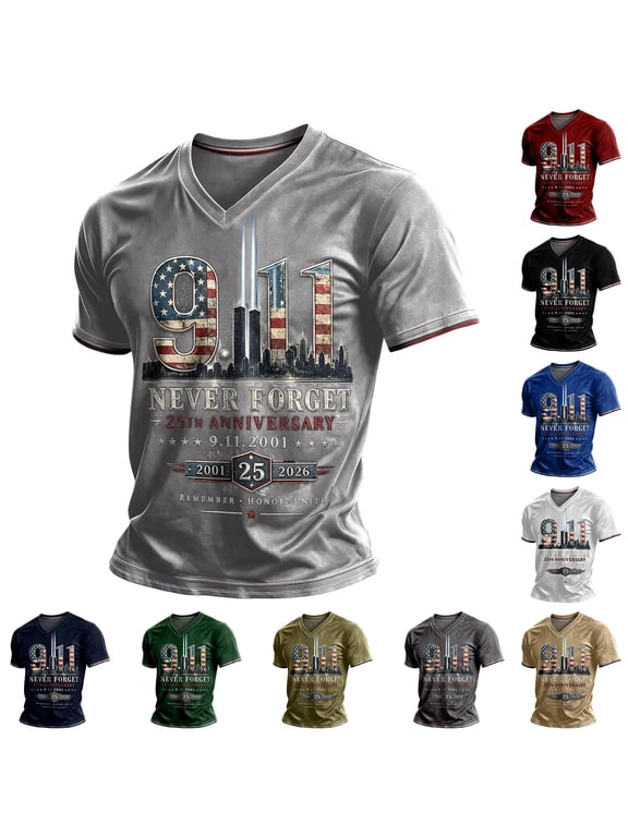 Men's Vintage 911 25th Anniversary Shirt Never Forget 9/11 American Flag Memorial Honor Faith Hope Short Sleeve Tshirt