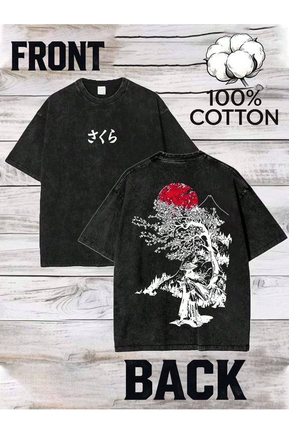 Men's Vintage Acid Wash Japanese Samurai Graphic T-Shirt