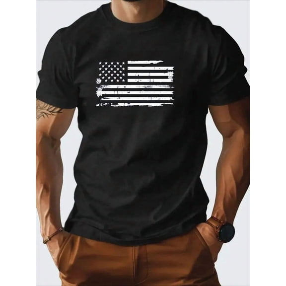 Men's Vintage American Flag T-Shirt, Minimalist Print, 100% Cotton Slim Fit, Breathable Casual Tee for Spring Summer & Halloween