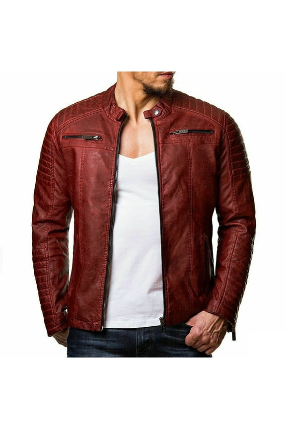 Men's Vintage Asymmetric Zip Lightweight Faux Leather Biker Jacket,Leather Coats for Men Moto Jackets Slim Fit Plus Size