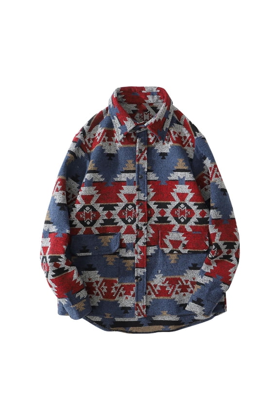 Men's Vintage Aztec Print Button Down Flannel Shirt Long Sleeve Lightweight Lapel Western Shacket Jacket Coat