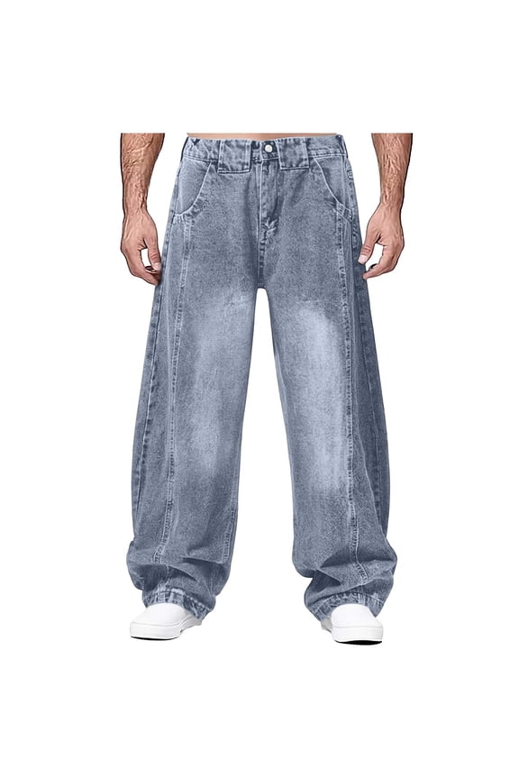 Men's Vintage Baggy Barrel Straight Leg Jeans Structured Stitching Loose Fit Retro Casual Streetwear Hip Hop Denim Pants