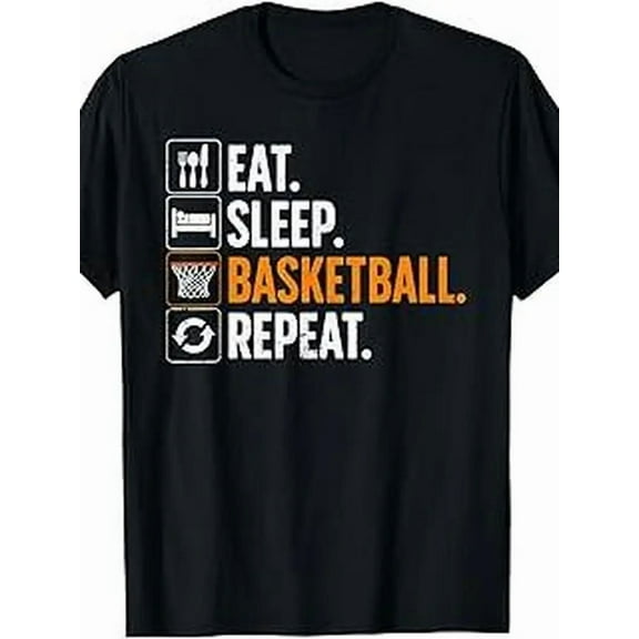Men's Vintage Basketball Graphic T-Shirt - Eat Sleep Basketball Repeat Print, Breathable Cotton Crew Neck Short Sleeve Tee, Black with Orange Lettering, Casual Sports Apparel