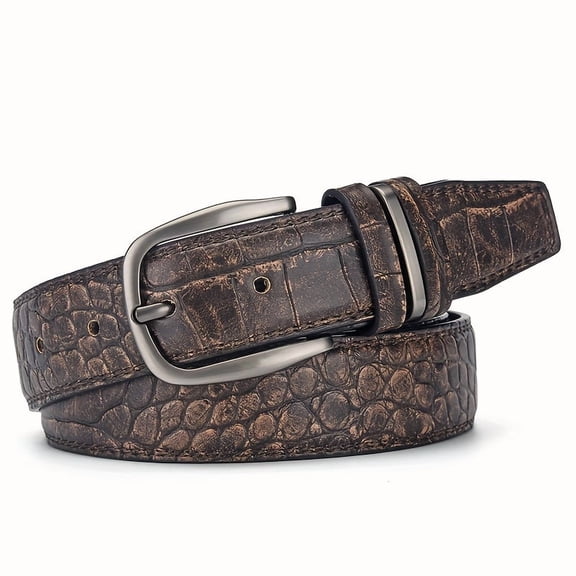 Men's Vintage Belt - Heavy-Duty Alloy Buckle with Square Face, Black/ Brown/ Grey Crocodile-Like Texture (-Print) or Tan - Dress Belt for Business, Casual, Jeans, Durable Everyday Waist Cinch