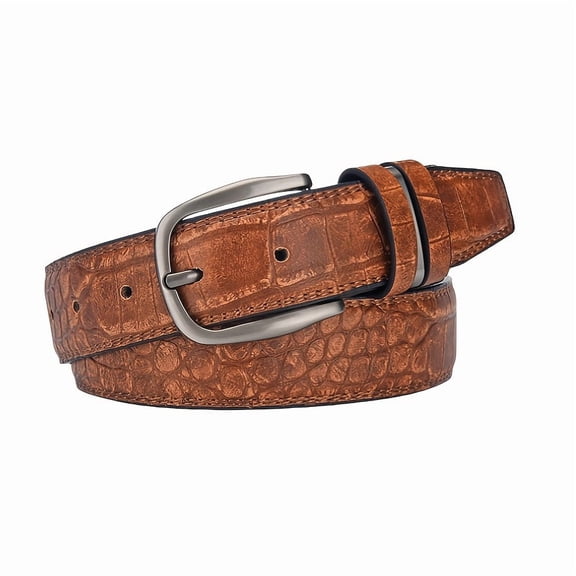 Men's Vintage Belt - Heavy-Duty Alloy Buckle with Square Face, Black/ Brown/ Grey Crocodile-Like Texture (-Print) or Tan - Dress Belt for Business, Casual, Jeans, Durable Everyday Waist Cinch
