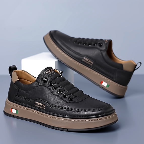 Men's Vintage Black Leather Platform Casual Skate Shoes