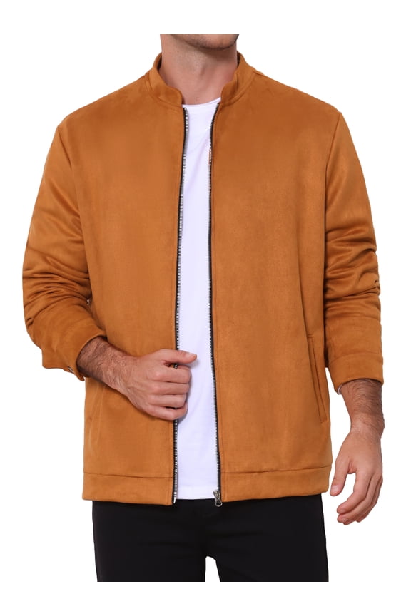 Men's Vintage Bomber Jacket Lightweight Stand Collar Zipper Casual Suede Jacket 2XL Orange