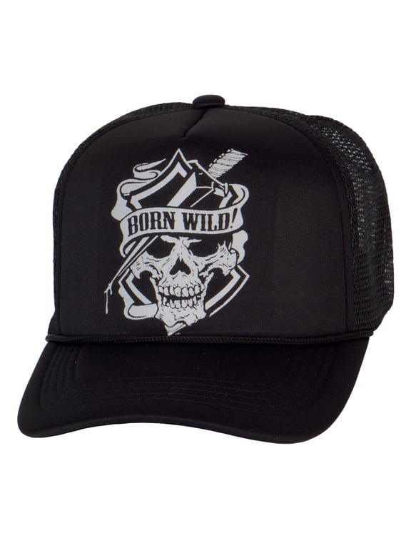 Men's Vintage Born Wild Skull Hat Snapback Trucker Baseball Hat, Black