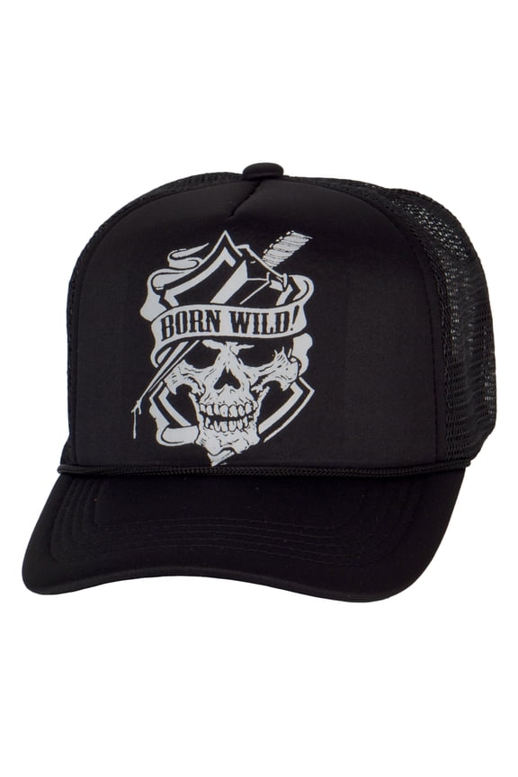 Men's Vintage Born Wild Skull Hat Snapback Trucker Baseball Hat, Black
