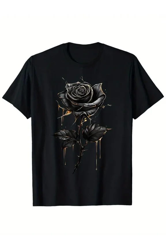 Men's Vintage Botanist T-Shirt - Black Rose Graphic Tee with Golden accents, Regular Fit Crew Neck Shirt for Gothic, Formal Events - Machine Washable Dark Floral Top, Goth T