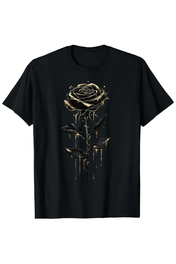 Men's Vintage Botanist T-Shirt - Elegant Black Rose Floral graphic Tee with Golden Accent - Regular Fit Crew Neck Shirt for Everyday & Formal Events - Machine Washable Casual