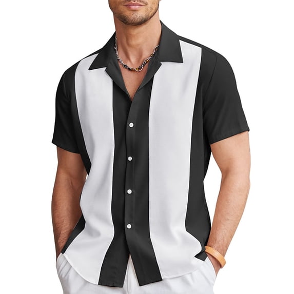 Men's Vintage Bowling Shirt Short Sleeve Button Down Summer Beach Shirts Black 2XL