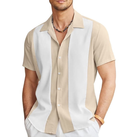 Men's Vintage Bowling Shirt Short Sleeve Button Down Summer Beach Shirts Khaki 4XL