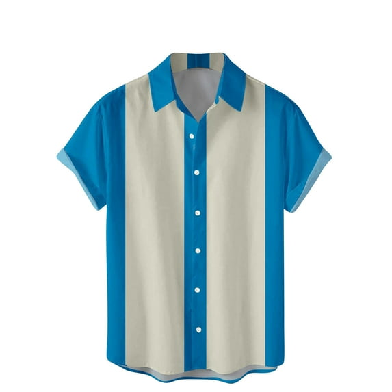 Men's Vintage Bowling Shirts, 1950s Vertical Striped Short Sleeve Button Up Shirt, Summer Color Block Cuban Shirts