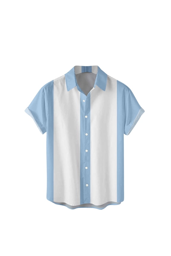 Men's Vintage Bowling Shirts, 1950s Vertical Striped Short Sleeve Button Up Shirt, Summer Color Block Cuban Shirts