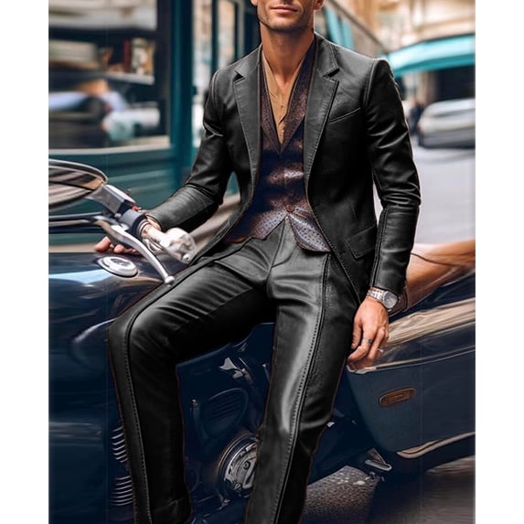 Men's Vintage Brown PU Leather Two Piece Outfit Set Notch Lapel Single Breasted Slim Blazer & Straight Full-Length Pants