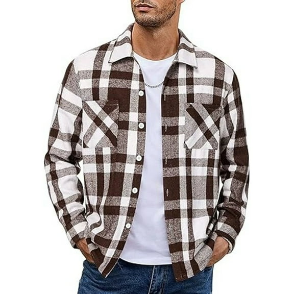 Men's Vintage Brushed Flannel Plaid Shirt, Long Sleeve Button-Down, Coffee Brown, Size XL