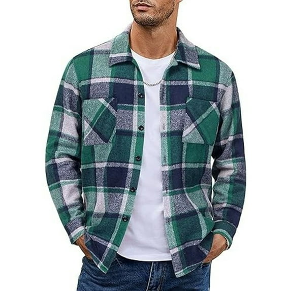 Men's Vintage Brushed Flannel Plaid Shirt, Long Sleeve Button-Down, Mint Green, Size S