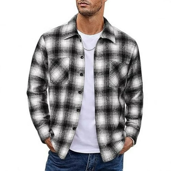 Men's Vintage Brushed Flannel Plaid Shirt, Long Sleeve Button-Down, White, Size XL