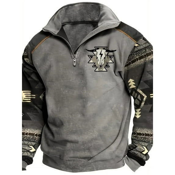 Men's Vintage Bull Head Half-Zip Sweatshirt - Unique Design for a Bold, Stylish Look,XL,grey