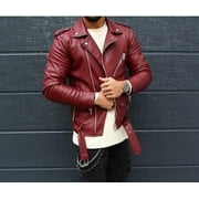 Men's Vintage Burgundy 100% Genuine Lambskin Leather Biker Jacket, Leather Vintage Men Belted Leather Motorcycle Jacket, Gift For Him