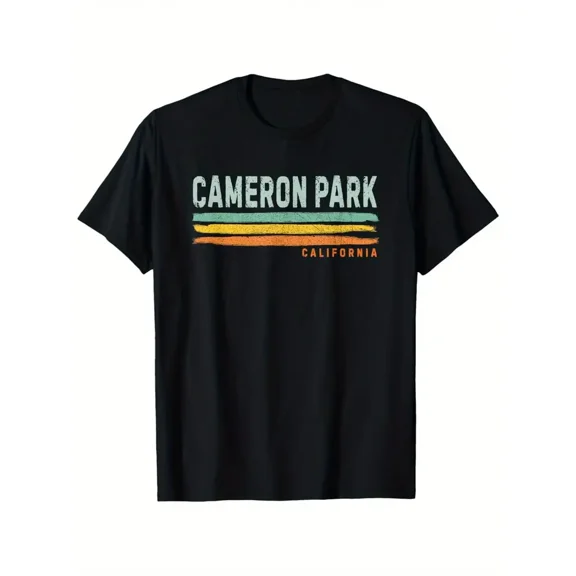 Men's Vintage Cameron Park CA T-Shirt - Black Retro Graphic Tee with Teal & Orange Stripes, California Local Apparel, Regular Fit Short Sleeve Shirt for Everyday Casual Wear