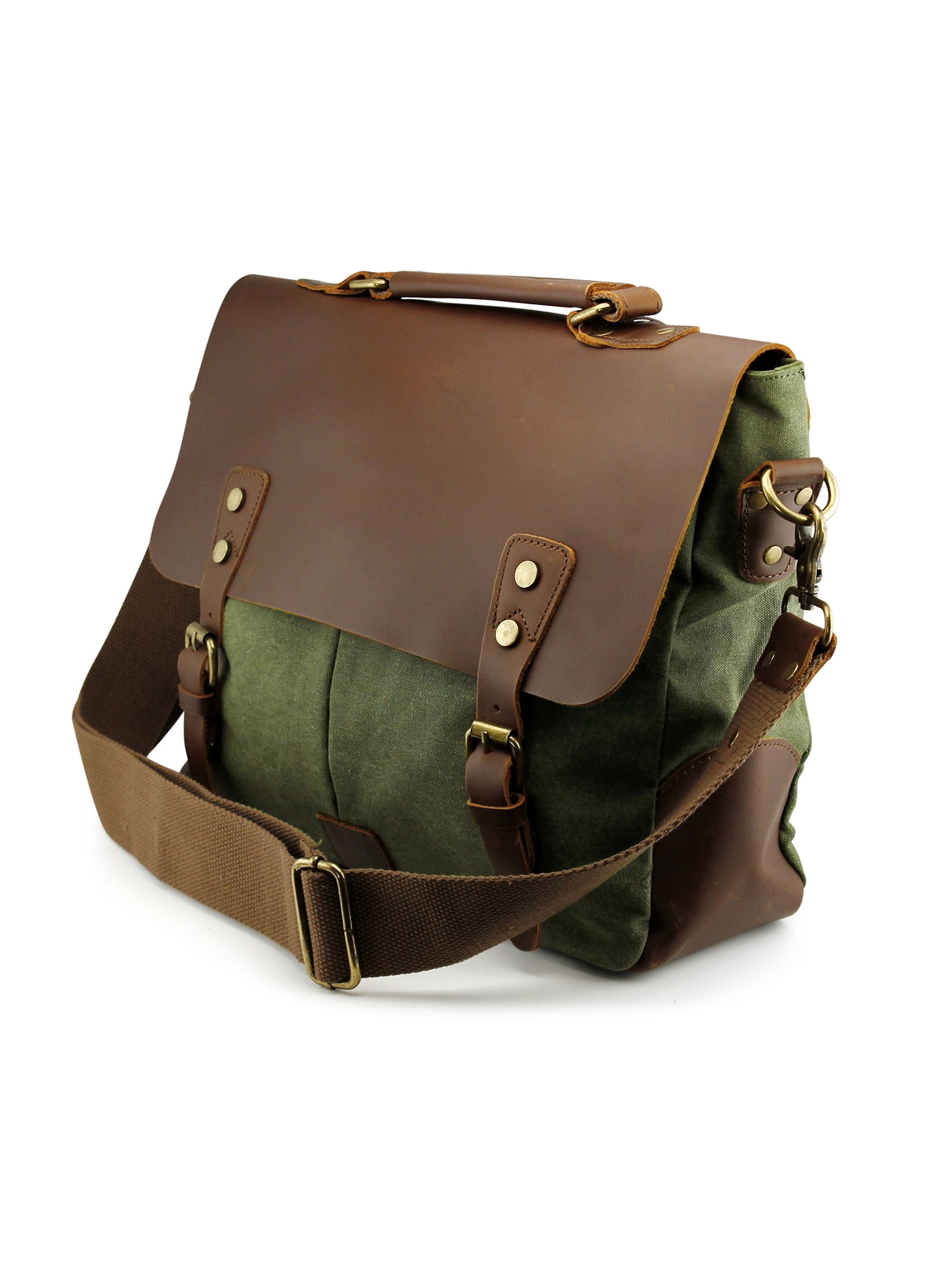 Men's Vintage Canvas Leather Satchel School Military Messenger Shoulder Bag  Travel Bag - Khaki 