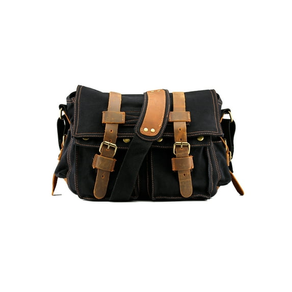 Men's Vintage Canvas and Leather Satchel School Military Shoulder Bag Messenger - Black