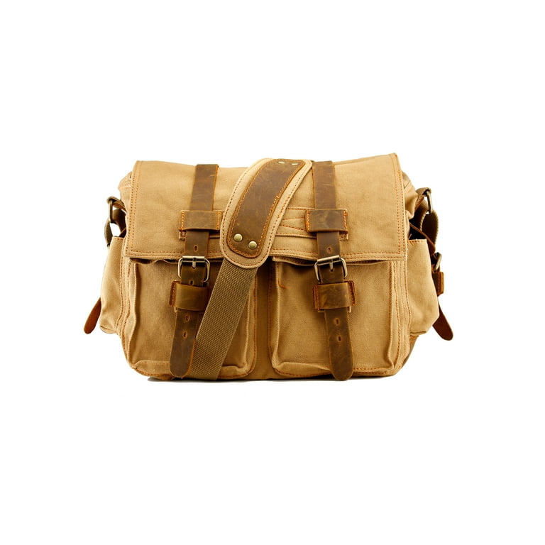 Men s Vintage Canvas and Leather Satchel School Military Shoulder Bag Messenger Khaki