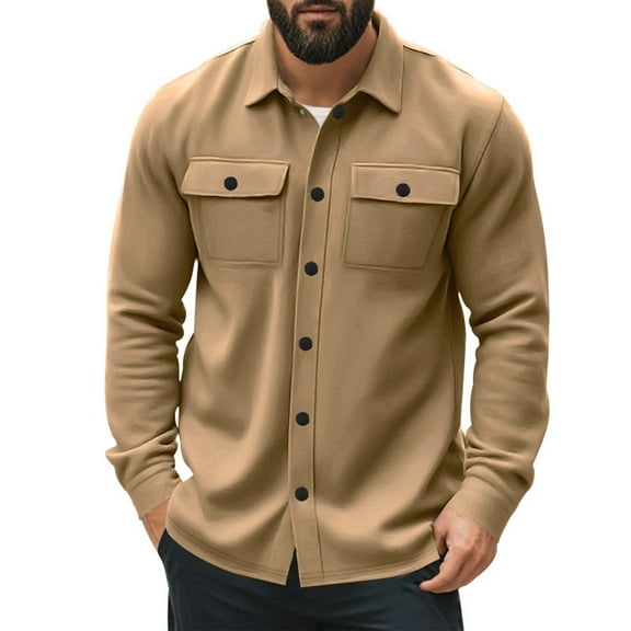 Men's Vintage Cargo Jacket, Lapel Long Sleeve Multi-Pocket Fleece Coat with Buttons for Outdoor Work and Casual Style in Cool Weather,Camel,S
