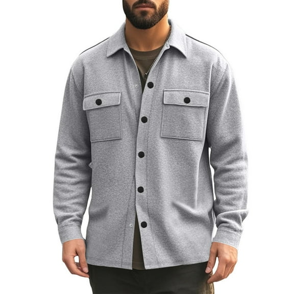 Men's Vintage Cargo Jacket, Lapel Long Sleeve Multi-Pocket Fleece Coat with Buttons for Outdoor Work and Casual Style in Cool Weather,Light Gray,M