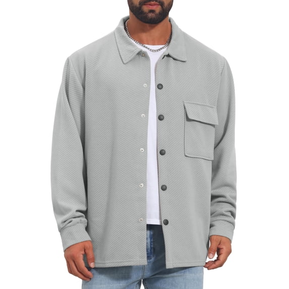 Men's Vintage Casual Button Down Chest Pocket Jacquard Knit Shirt Jacket S Light Gray