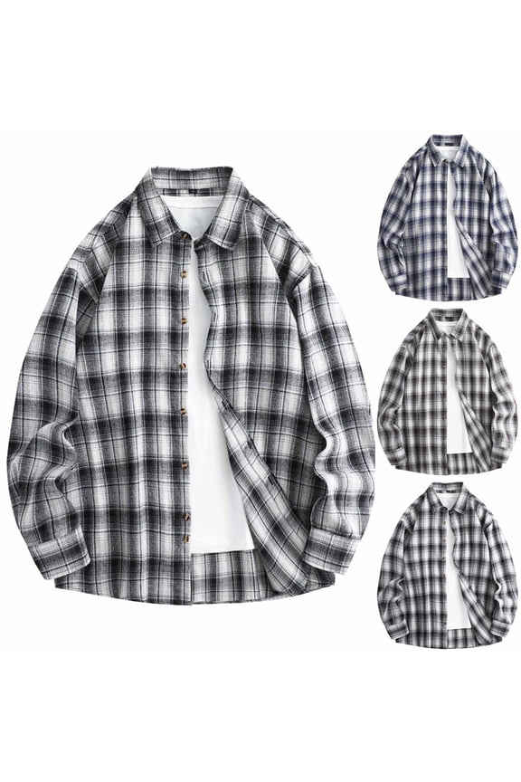 Men's Vintage Casual Check Button Lapel Long Sleeve Shirt Tops Business Casual Office Work Modern Fashion Essential | AESTIVO,Black L