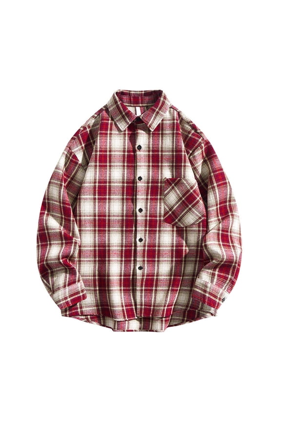 Men's Vintage Casual Check Button Lapel Long Sleeve Shirt Tops Business Casual Office Work Travel Modern Fashion Essential | AESTIVO,Red L
