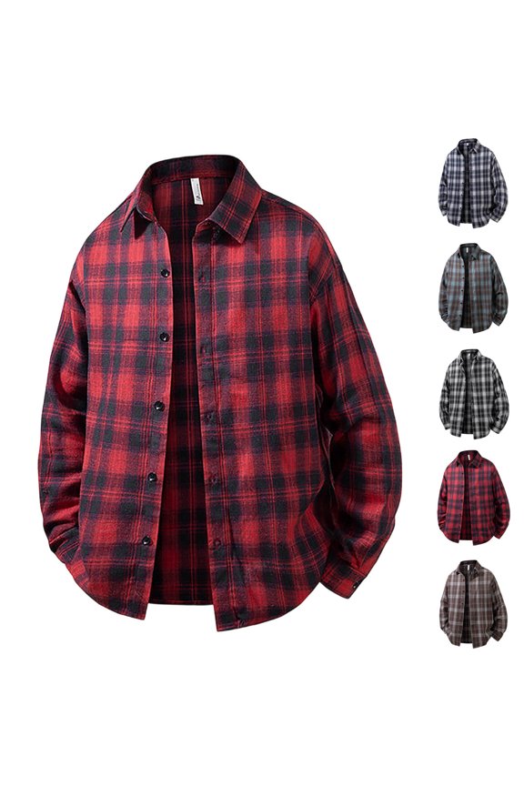 Men's Vintage Casual Check Button Lapel Long Sleeve Shirt Tops Button Up Plaid Flannel Loose Fit Business Casual Work Office Modern Fashion Essential | AESTIVO,Black L