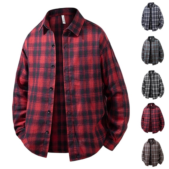 Men's Vintage Casual Check Button Lapel Long Sleeve Shirt Tops Button Up Plaid Flannel Loose Fit Business Casual Work Office Modern Fashion Essential | AESTIVO,Black L
