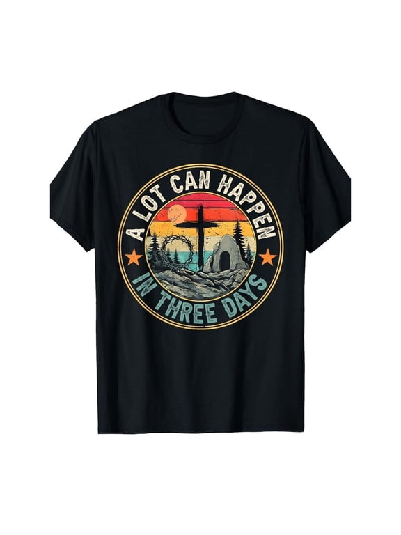 Men's Vintage Christian Easter T-Shirt - "A Lot Can Happen in 3 Days" Bible Story Tee , Comfortable Breathable Soft Tee, Men's 100% Cotton T-Shirt 180gsm