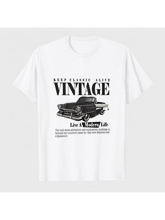 Men's Vintage Classic Car Graphic T-Shirt, 100% Cotton Short Sleeve Shirt