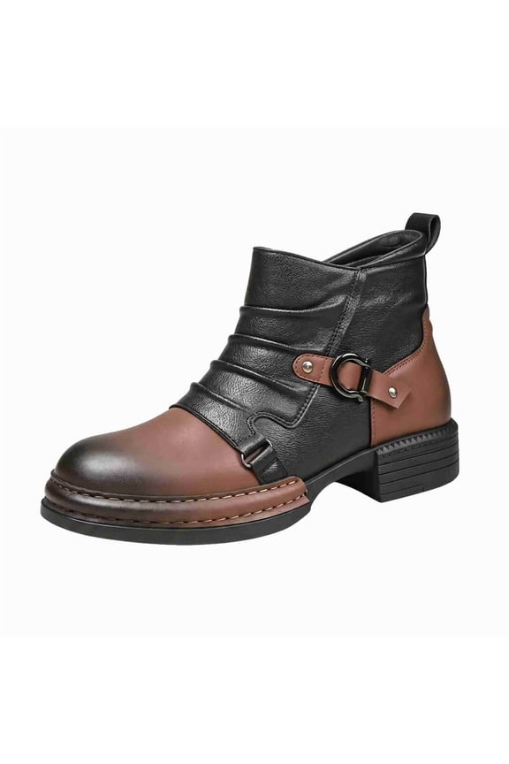 Men's Vintage Colorblock Leather Chelsea Boots, Round Toe Side Zipper Buckle Strap Casual Chelsea Boots, Low Block Heel Leather-Look Boots