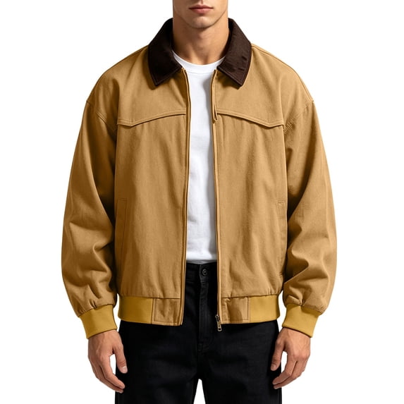 Men's Vintage Contrast Collar Cotton Golf Jacket Windbreaker, Full Zip Lapel Collar Long Sleeve Loose Fit Workwear Coat for Golf Outdoor Streetwear Travel