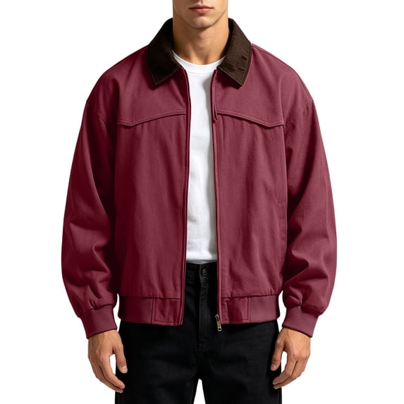 Men's Vintage Contrast Collar Cotton Golf Jacket Windbreaker, Full Zip Lapel Collar Long Sleeve Loose Fit Workwear Coat for Golf Outdoor Streetwear Travel