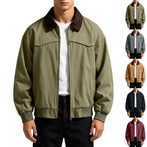 Men's Vintage Contrast Collar Cotton Golf Jacket Windbreaker, Full Zip Lapel Collar Long Sleeve Loose Fit Workwear Coat for Golf Outdoor Streetwear Travel