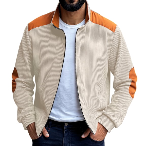 Men's Vintage Corduroy Baseball Jacket - Stand Collar Zip-Up Colorblock Loose-Fit, Beige, S