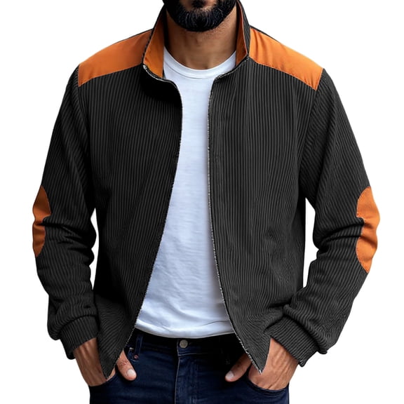 Men's Vintage Corduroy Baseball Jacket - Stand Collar Zip-Up Colorblock Loose-Fit, Black, S