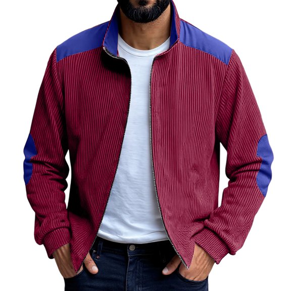 Men's Vintage Corduroy Baseball Jacket - Stand Collar Zip-Up Colorblock Loose-Fit, Wine Red, S