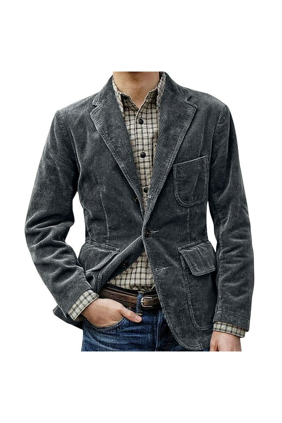 Men's Vintage Corduroy Blazer Casual Work Wear Single Breasted Sports Coat Fashion Solid Color Formal Classic Jacket with Pockets