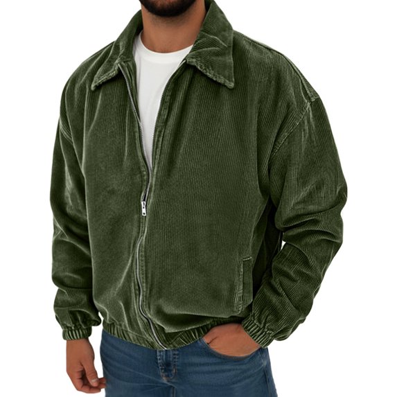 Men's Vintage Corduroy Casual Long-Sleeve Pocket Jacket, Army Green, L