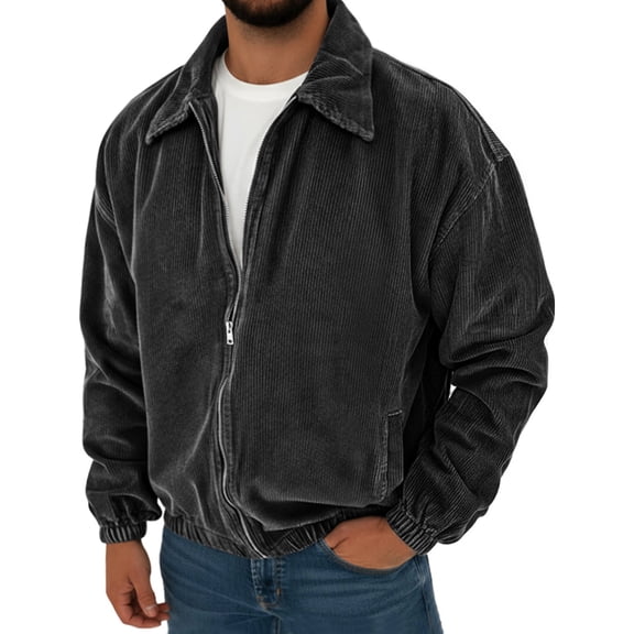 Men's Vintage Corduroy Casual Long-Sleeve Pocket Jacket, Black, M