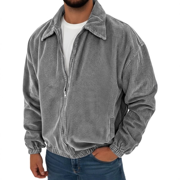 Men's Vintage Corduroy Casual Long-Sleeve Pocket Jacket, Gray, XXXL
