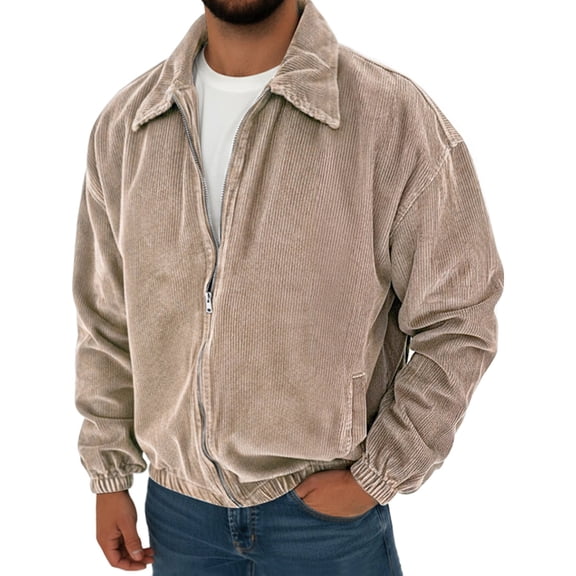 Men's Vintage Corduroy Casual Long-Sleeve Pocket Jacket, Khaki, M
